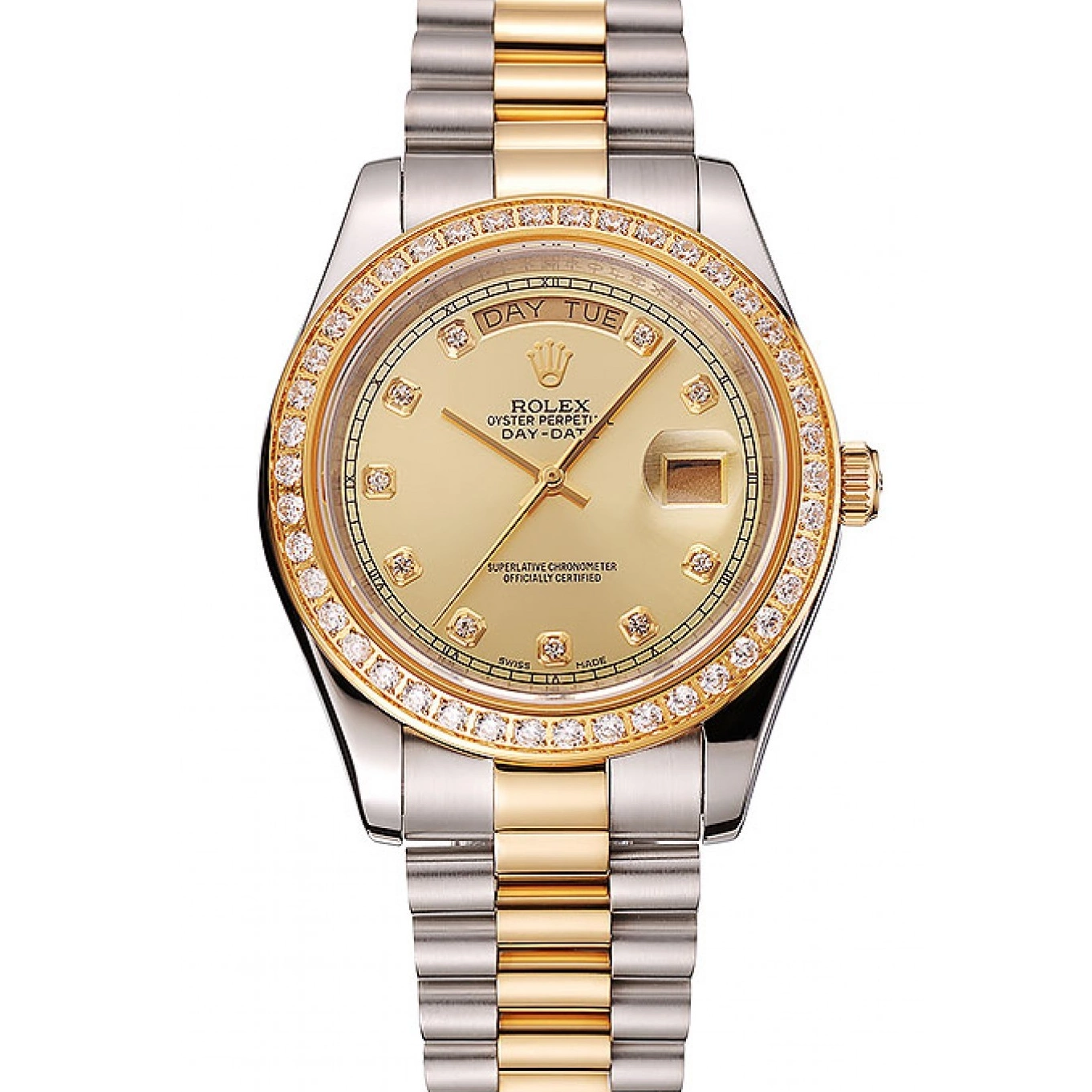 MiroTime 0705 Swiss Rolex Day-Date Champagne Dial Gold Diamond Case Two Tone Stainless Steel Bracelet 1453974